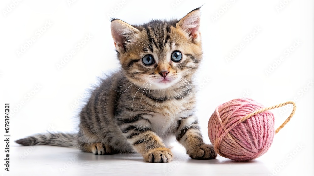 Fototapeta premium Cute baby kitten playing with a ball of yarn on a white background, kitten, cat, pet, adorable, playful, furry, small, furry