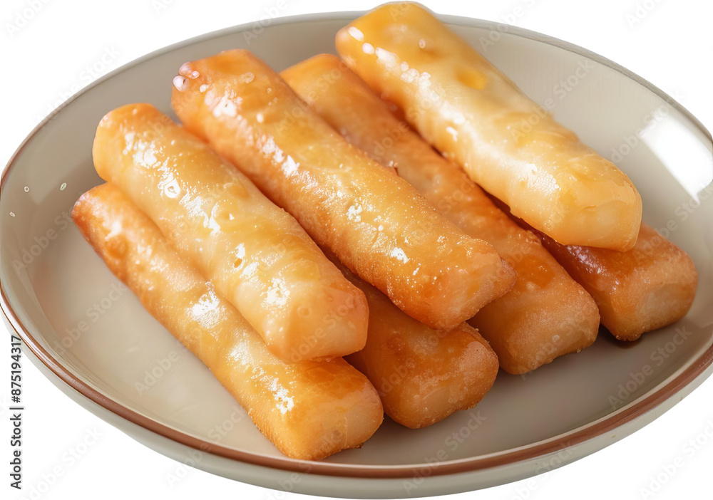 Close up of golden brown fried cheese sticks on a white plate. Close up of golden brown fried cheese sticks on a white plate.