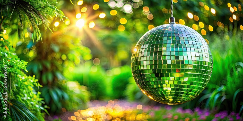 Obraz premium Enchanted green disco ball lighting up garden party with magical atmosphere, Green, disco ball, garden party, enchanting