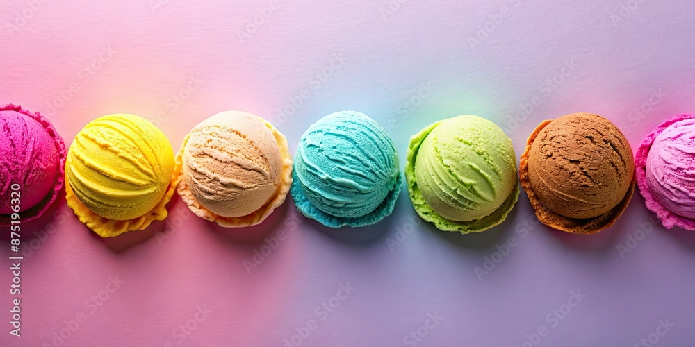 Obraz premium Colorful ice cream scoops on colored background, Ice cream, scoops, colorful, dessert, sweet, treat, summer, cold, frozen