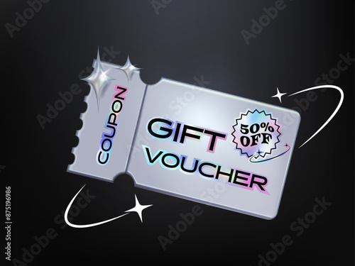 3d couple of hologram coupons with promotional code percentage. Millennium gift voucher template with holographic percentage sticker. Special giveway with coupons or vouchers. 3d vector illustration