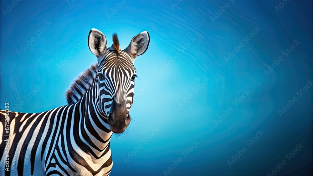 Fototapeta premium Cute zebra against a vibrant blue background, zebra, cute,animal, striped, blue, background, wildlife, adorable, mammal