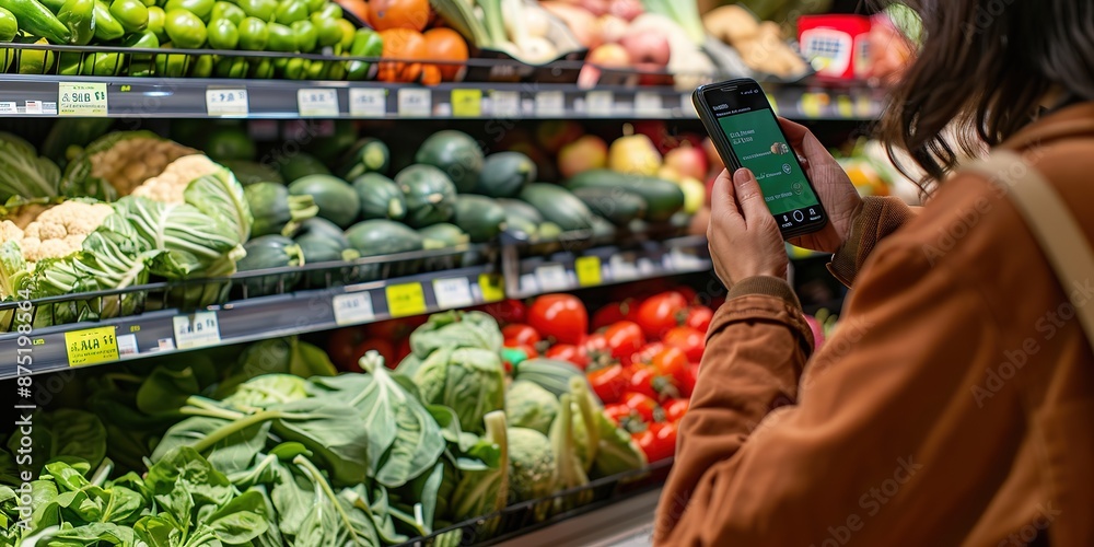 Person uses app for healthy grocery shopping in store Person uses app for healthy grocery shopping in store