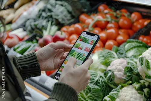 Person using smartphone app for healthy food choices in market.