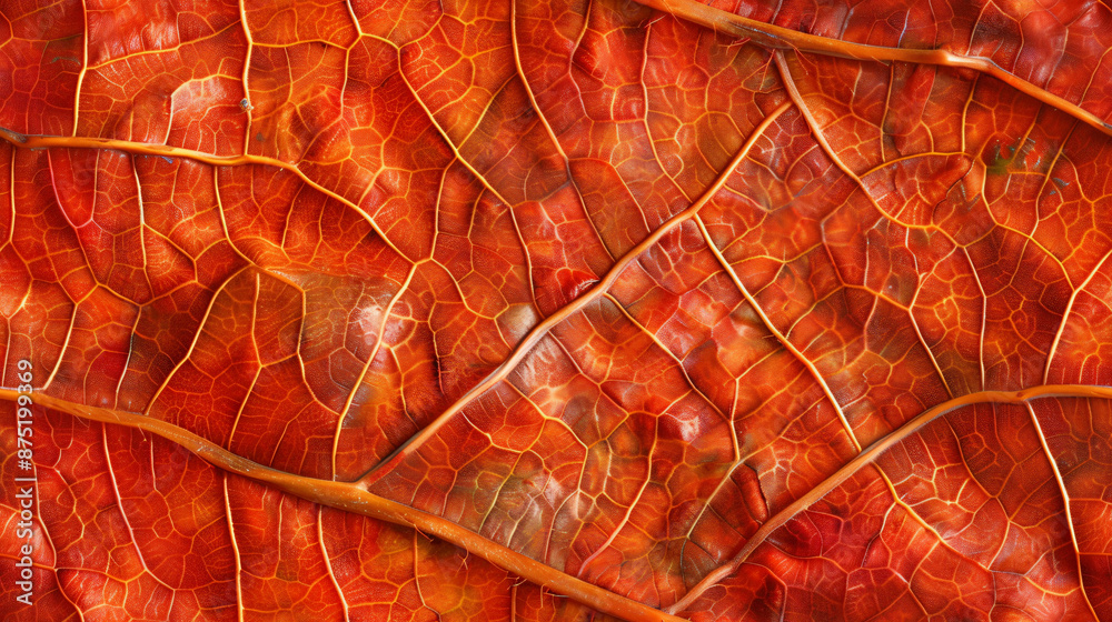 Fototapeta premium Close-up photo capturing the intricate web of veins in a vibrant autumn leaf
