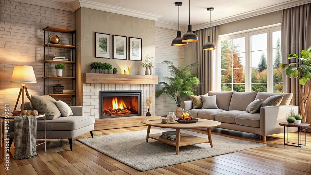 Cozy living room with comfortable furnishings and fireplace, warm, inviting, cozy, living room Cozy living room with comfortable furnishings and fireplace, warm, inviting, cozy, living room