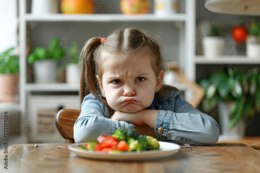 Unhappy young girl frowning at plate of vegetables, sitting at table in modern room Unhappy young girl frowning at plate of vegetables, sitting at table in modern room