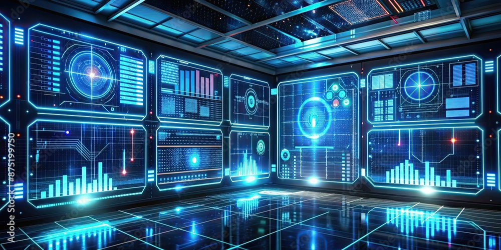 Fototapeta premium Futuristic data panel with glowing holographic displays, futuristic, data, panel, information, advanced, technology