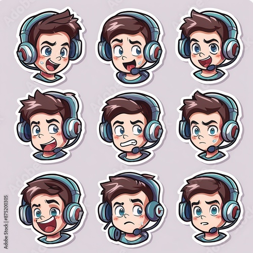 Cute Boy Wearing Headphones with Different Facial Expressions photo