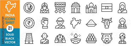 A set of line icons related to India and its culture. Cuisine, traditions, religion, currency, architecture, gods, temples, people, festivals and so on. Vector outline icons set.