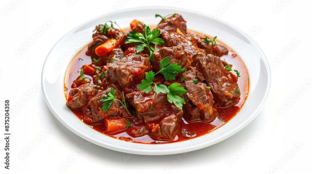 A plate of Hungarian goulash with beef and paprika on a white background. A plate of Hungarian goulash with beef and paprika on a white background.