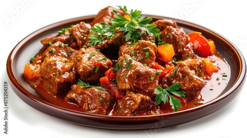 A plate of Hungarian goulash with beef and paprika on a white background.