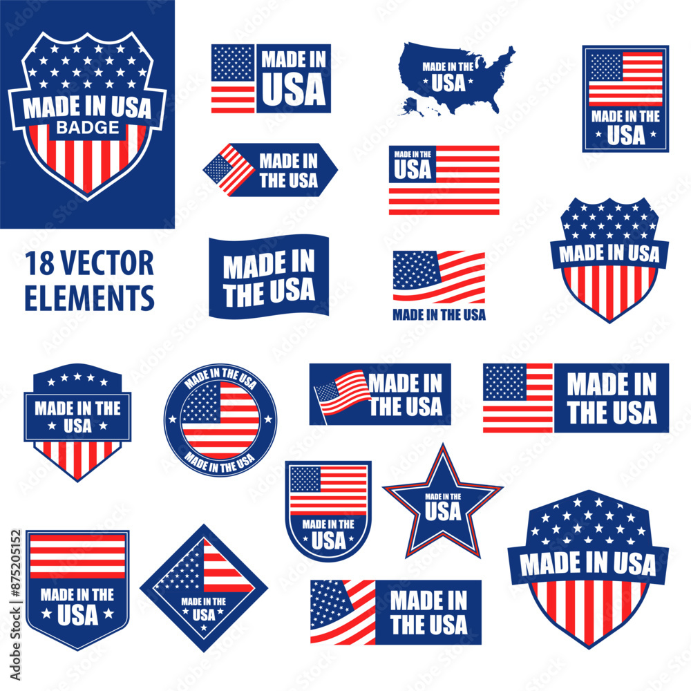 Made in USA label. Made in the USA badge. Made in the USA badge set. American emblem. Made in USA label. Made in the USA badge. Made in the USA badge set. American emblem.