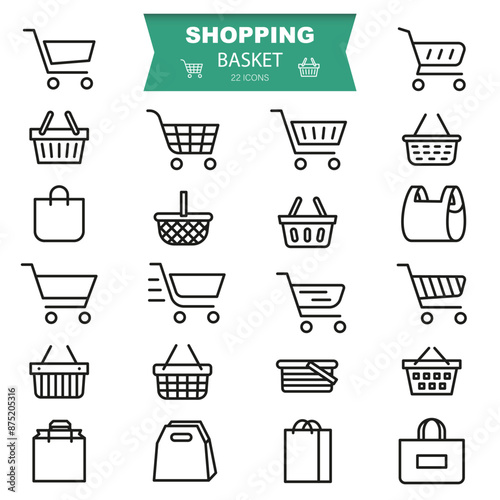 Shopping basket icon. Shopping cart, basket, bag icon set. Linear shop icon set.