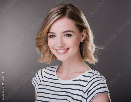 Smiling young beautiful blonde woman wearing t-shirt. Generative AI.