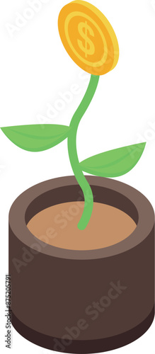 Golden coin is growing on a plant in a pot symbolizing investment growth
