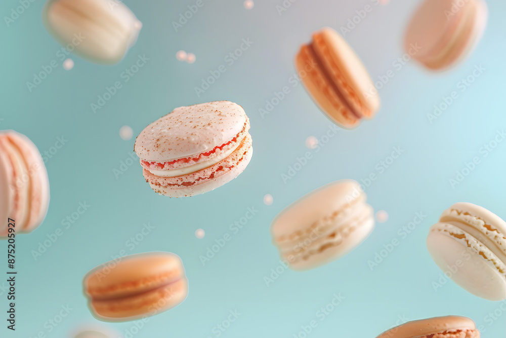Flying Macaroons: Close-Up on Pastel Background Flying Macaroons: Close-Up on Pastel Background