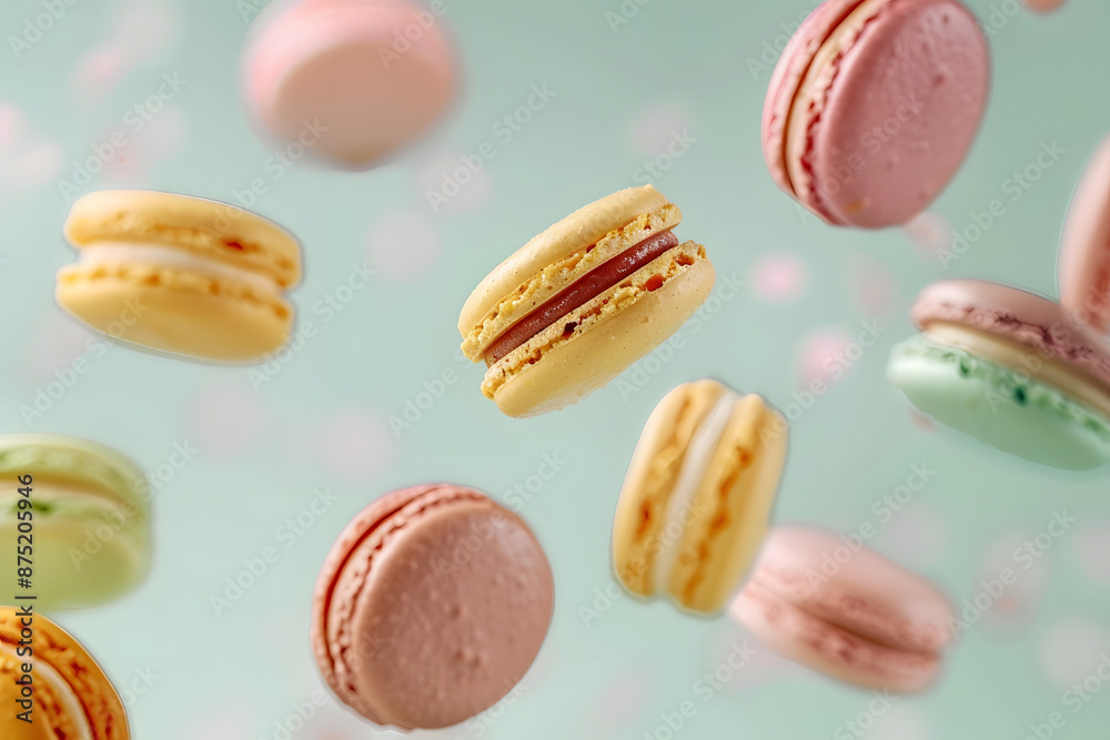 Flying Macaroons: Close-Up on Pastel Background Flying Macaroons: Close-Up on Pastel Background