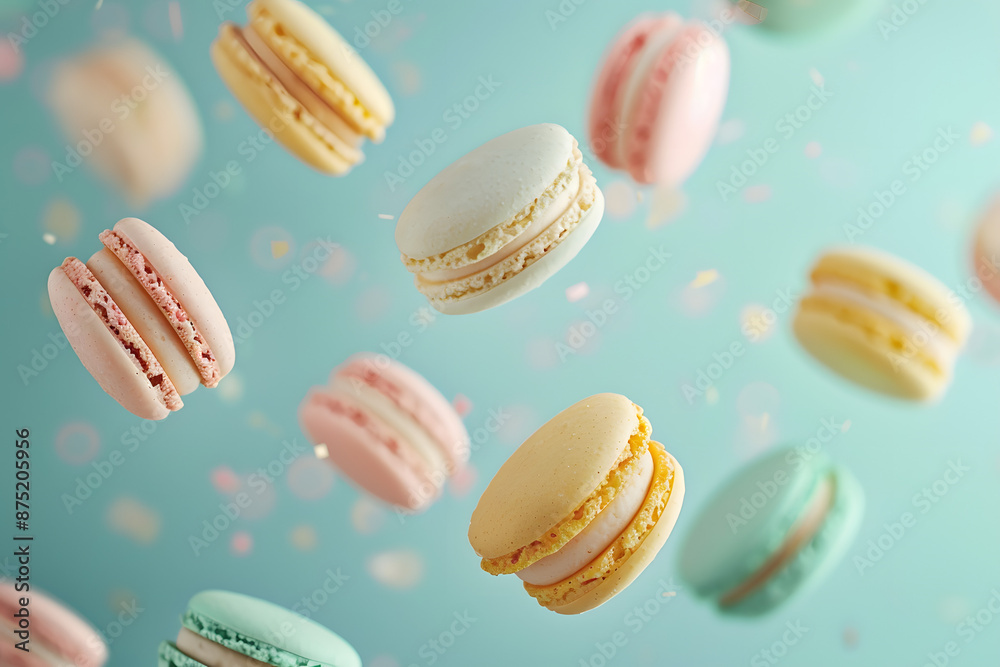 Flying Macaroons: Close-Up on Pastel Background Flying Macaroons: Close-Up on Pastel Background