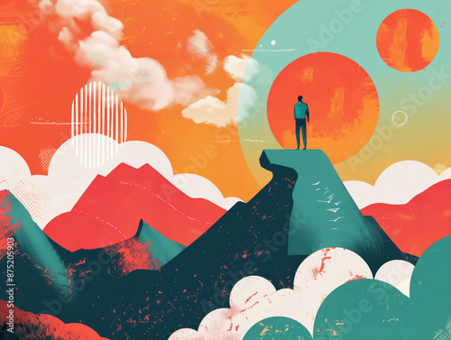 Fantastische Landschaft mit Person auf Bergspitze