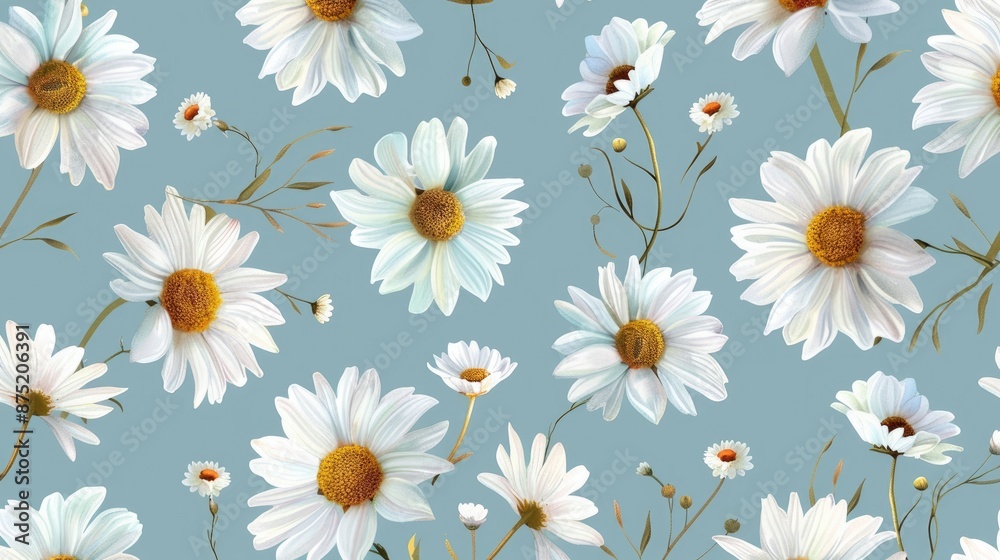 Beautiful Daisy Pattern on Soft Blue Background Beautiful Daisy Pattern on Soft Blue Background