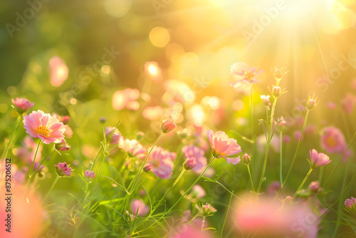 
Sunlit Flower Meadow: Close-up of Spring or Summer Garden