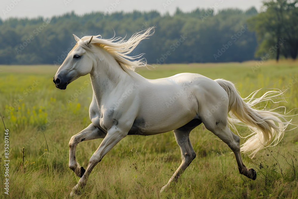 Majestic Freedom: White Stallion Galloping in Green Pasture Majestic Freedom: White Stallion Galloping in Green Pasture