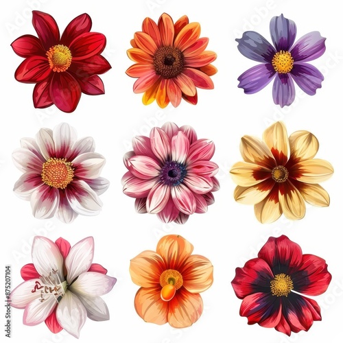 Set of nine colorful and detailed flower illustrations with a white background photo