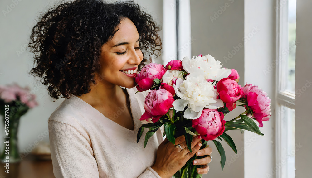 Valentine's day. Woman smelling bouquet of peonies at home. Housewife received present. Generative AI. Valentine's day. Woman smelling bouquet of peonies at home. Housewife received present. Generative AI.