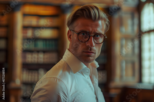 Elegant Portrait: Handsome Caucasian Man in Ancient Library