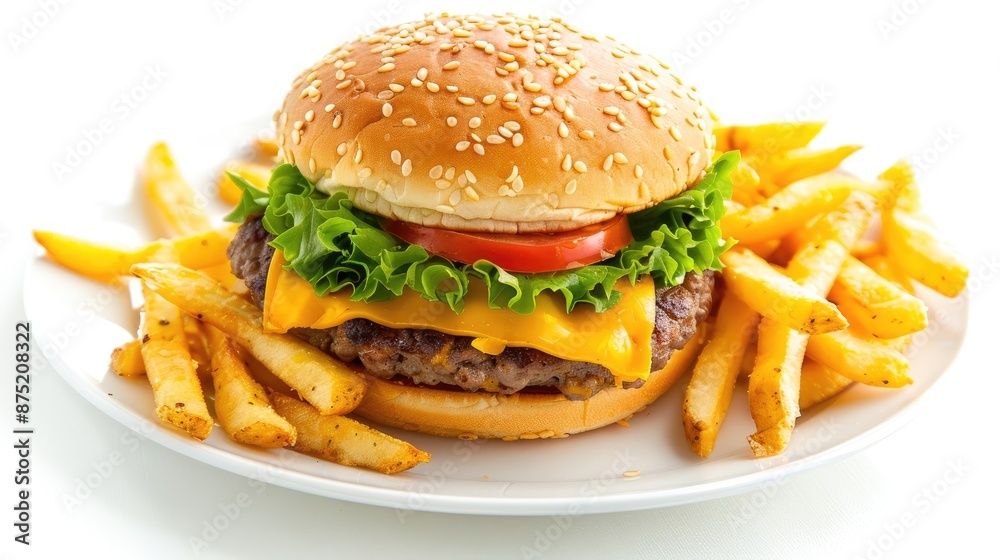 A traditional American burger with cheese, lettuce, and tomato, served with fries on a white background A traditional American burger with cheese, lettuce, and tomato, served with fries on a white background