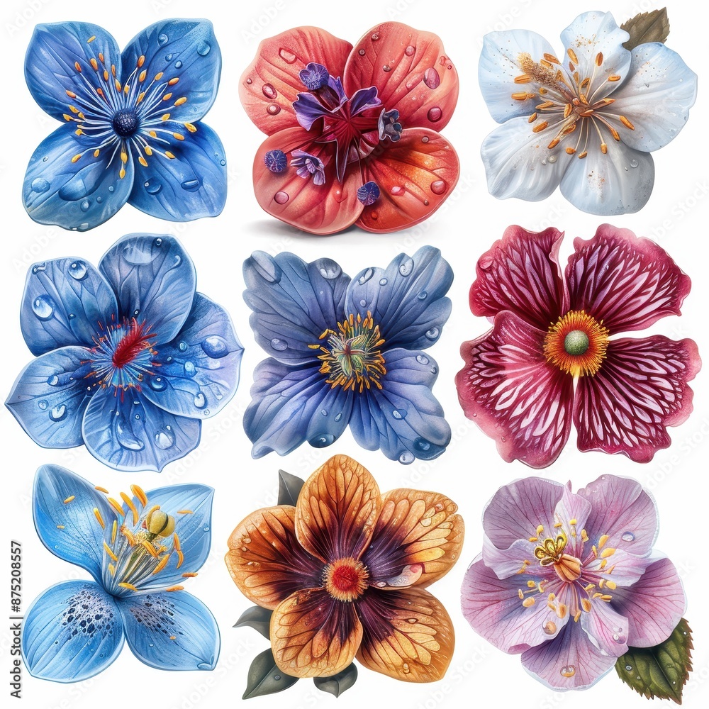 Set of nine watercolor and ink flower illustrations with raindrops. Set of nine watercolor and ink flower illustrations with raindrops.