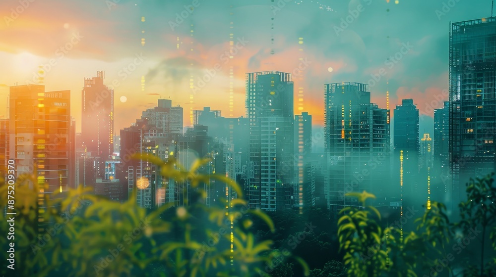 Beautiful urban cityscape with tall buildings, greenery, and sunlight filtered through mist for a captivating view. Beautiful urban cityscape with tall buildings, greenery, and sunlight filtered through mist for a captivating view.