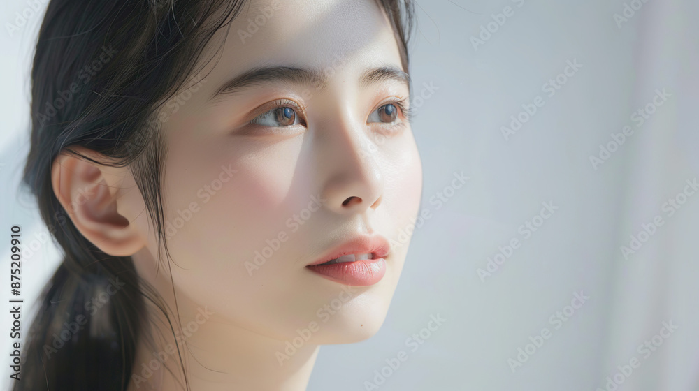 Naklejka premium Portrait young Asian beautiful woman with K-beauty make up style and healthy and perfect skin isolated on white background for skincare commercial product advertising
