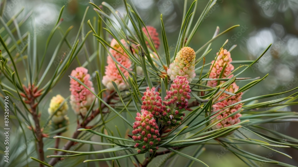 A close-up of the flowers and buds on an elegant pine tree, with long green leaves. The flower is pinkish red in color, resembling small spheres that appear to be female cone seeds at first look. A close-up of the flowers and buds on an elegant pine tree, with long green leaves. The flower is pinkish red in color, resembling small spheres that appear to be female cone seeds at first look.