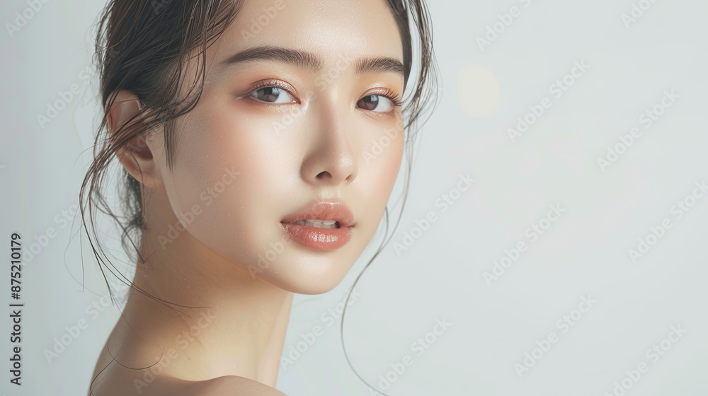 Naklejka premium Portrait young Asian beautiful woman with K-beauty make up style and healthy and perfect skin isolated on white background for skincare commercial product advertising