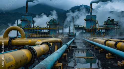 Ulumbu Geothermal Power Plant in Manggarai, Indonesia, has pipes with very high pressure and temperature. These pipes are dangerous and have safety signs to warn people to be careful. photo