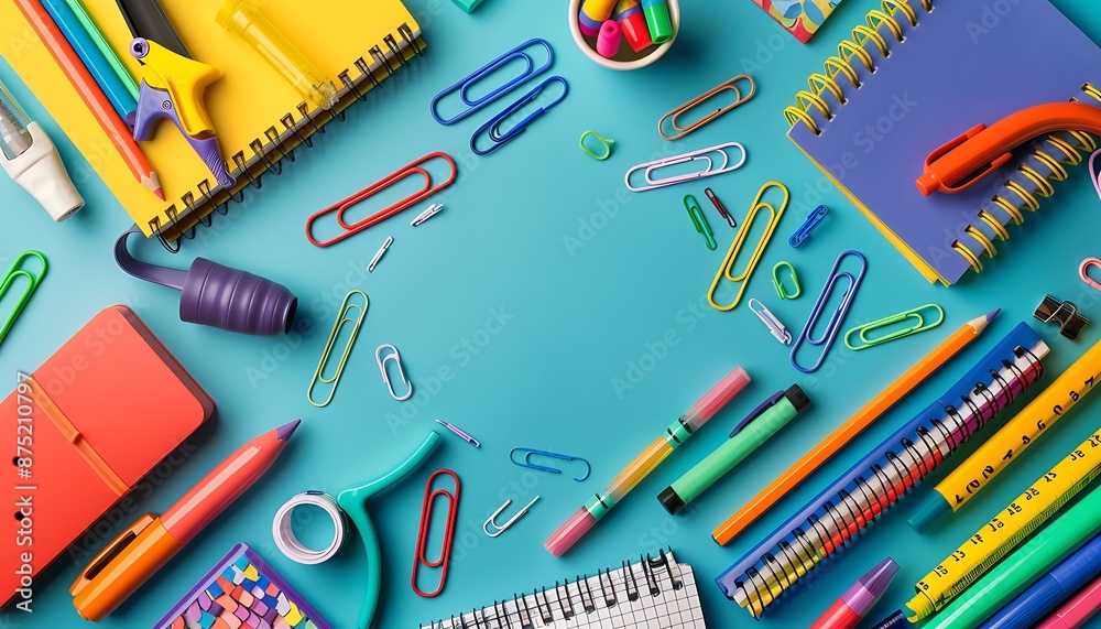 Flat lay top view of colorful school supplies on blue background, arranged in a spiral. Flat lay top view of colorful school supplies on blue background, arranged in a spiral.