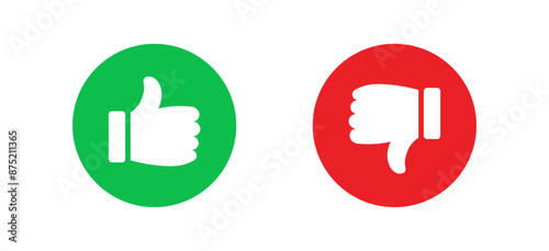 Like and dislike icons in green and red color. Feedback and rating thumbs up and thumbs down symbols set. Approve and disapprove signs isolated vector designs