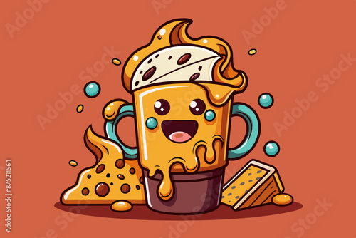 A humorous and unique t-shirt design featuring a vector illustration of a coffee. The coffee appears to be indulgent, filled with various ingredients and dripping with cheese