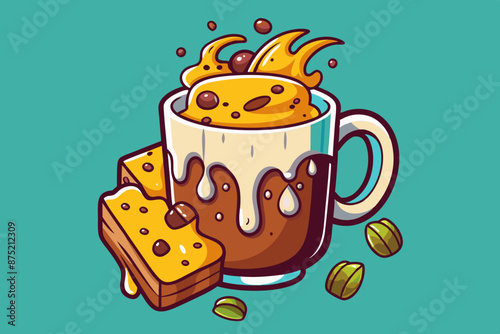 A humorous and unique t-shirt design featuring a vector illustration of a coffee. The coffee appears to be indulgent, filled with various ingredients and dripping with cheese