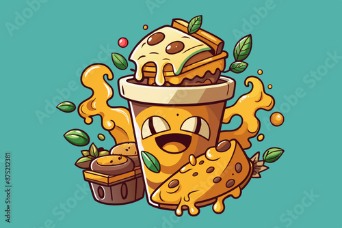 A humorous and unique t-shirt design featuring a vector illustration of a coffee. The coffee appears to be indulgent, filled with various ingredients and dripping with cheese