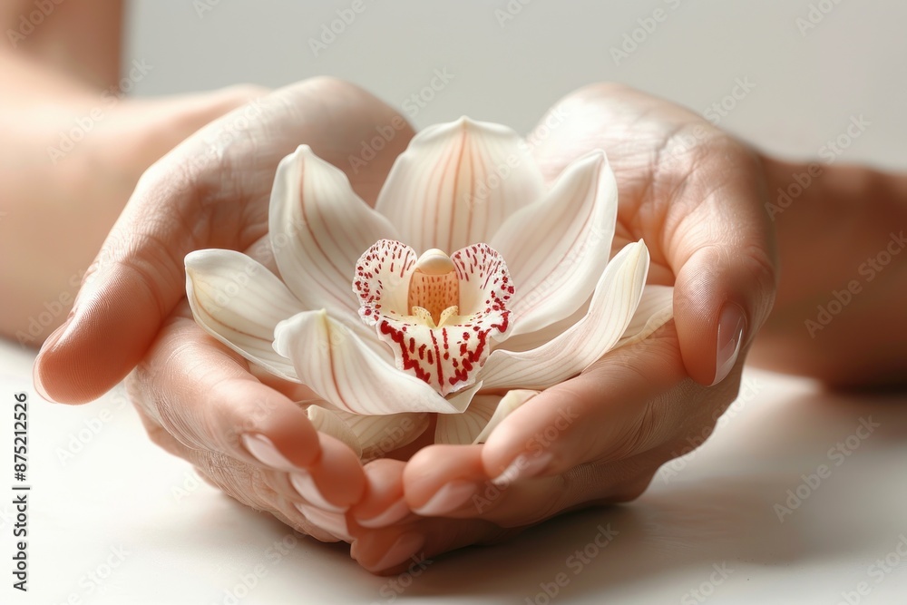 Orchid blossom hold woman hand isolated on white background. ai generative Orchid blossom hold woman hand isolated on white background. ai generative