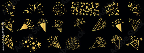 Golden confetti icon celebration festive illustrations, gold party poppers, decorative sparkles. Perfect for party invitations, New Year’s Eve, birthday cards and holiday designs