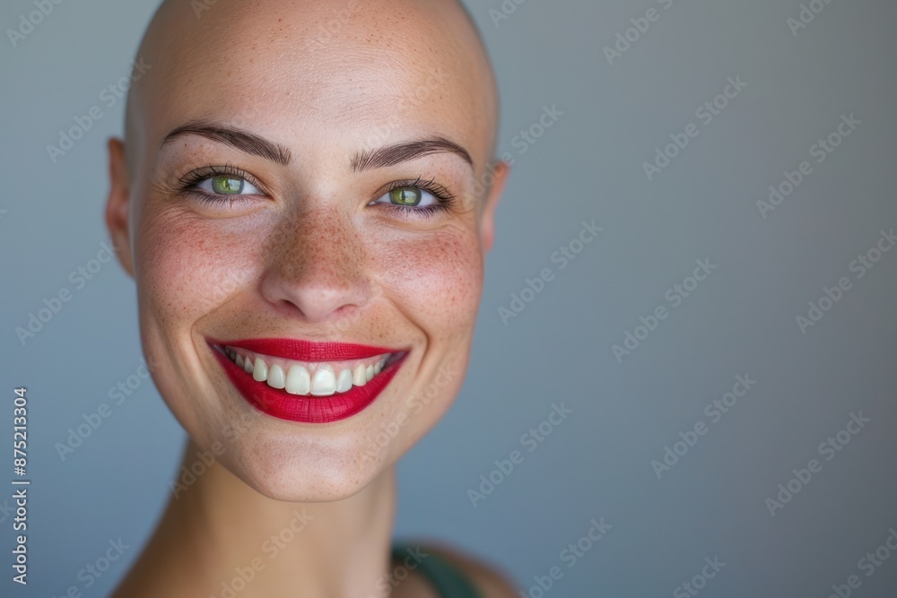smiling young bald woman with green eyes and red lips. Concept of resilience to diseases such as cancer. ai generative smiling young bald woman with green eyes and red lips. Concept of resilience to diseases such as cancer. ai generative