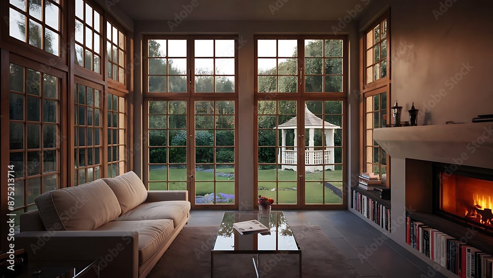 Living room with two story windows