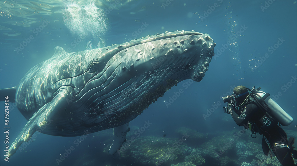 Fototapeta premium A man is taking a picture of a whale in the ocean. The whale is large and majestic, and the man is in awe of its beauty. The scene is peaceful and serene, with the man