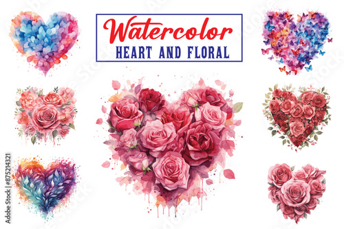 Colorful Watercolor Heart and Floral Butterfly Illustration vector