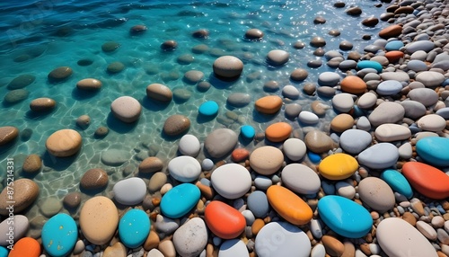 Beautiful colourful water stones and blue water at beach photo