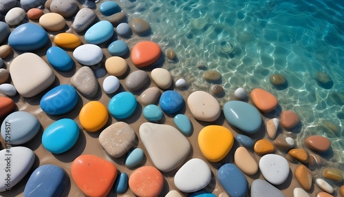 Beautiful colourful water stones and blue water at beach photo